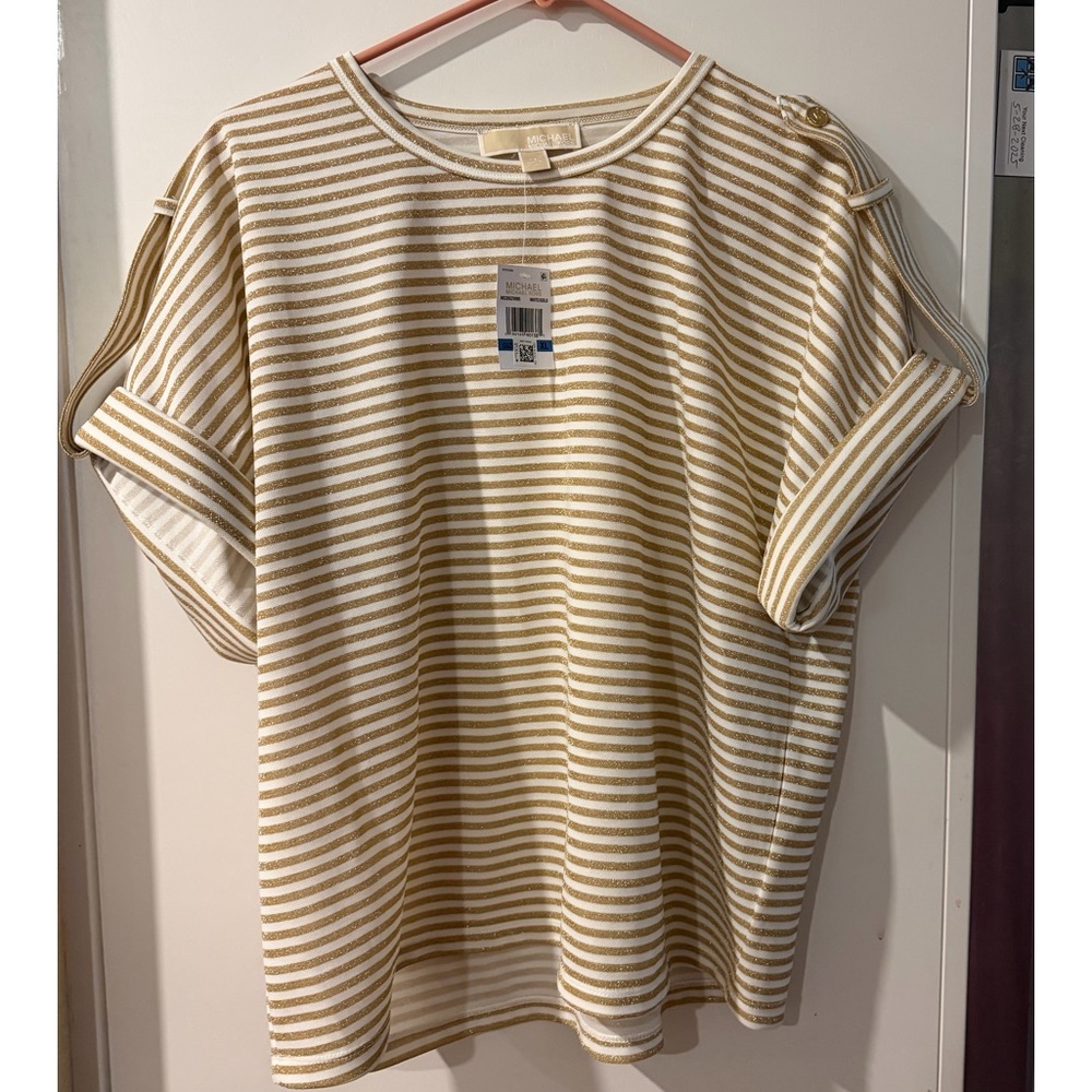 Michael Kors Cream and Gold Striped Short Sleeve Top